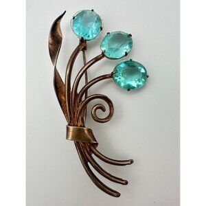 Jay Kel rose gold vermeil sterling silver aqua blue glass rhinestones brooch pin